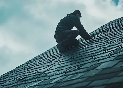 Roofing company roofer in the rain